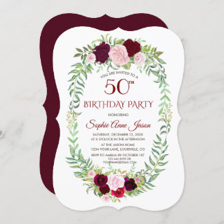 Rustikales Marsala Floral Wreath 50. Geburtstag Einladung