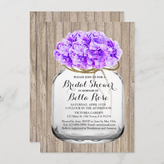 Rustikales Mason Glas lila Brautparty hyd3 Einladung (Vorne/Hinten)