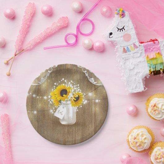 Rustikales Mason Jar Gipskraut und Sonnenblumen Pappteller (Party)