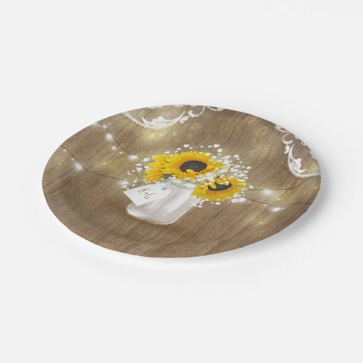 Rustikales Mason Jar Gipskraut und Sonnenblumen Pappteller (Schrägansicht)