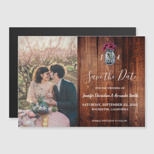 Rustikales Mason Jar Holz Monogramm Foto Save the Magneteinladung (Vorne/Hinten)