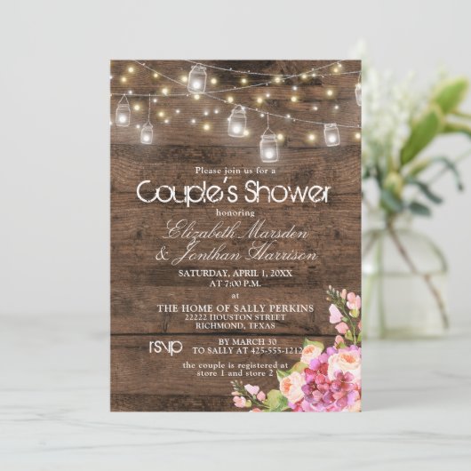 Rustikales Mason Jar Lights Blush Brautparty Einladung (Stehend Vorderseite)