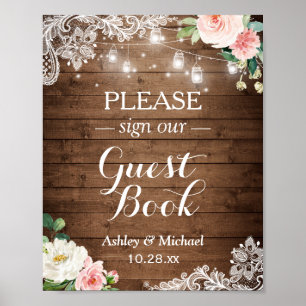 Rustikales Mason Jar Lights Floral Lace Sign Gäste Poster