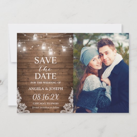 Rustikales Mason Jar Lights Save the Date Foto (Vorderseite)