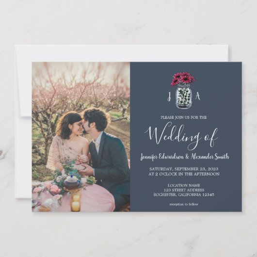 Rustikales Mason Jar Marineblau Monogramm Foto Hoc Einladung (Vorderseite)