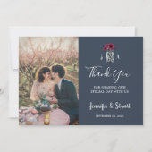 Rustikales Mason Jar Monogramm blaues Foto Hochzei Dankeskarte (Vorderseite)