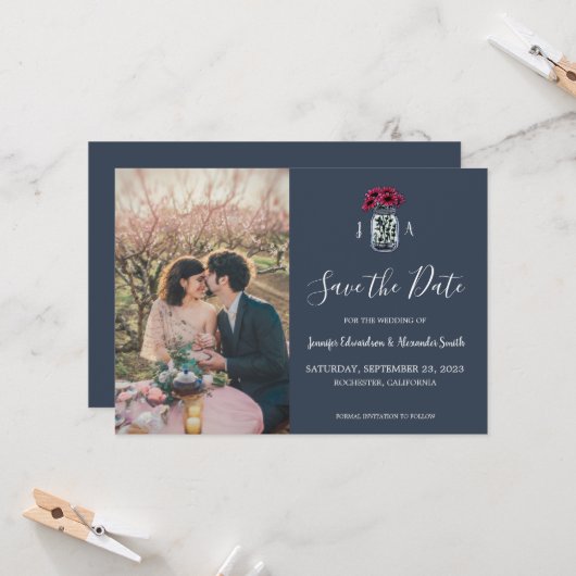 Rustikales Mason jar Monogramm Foto Save the Date Einladung (Vorderseite/Rückseite Beispiel)