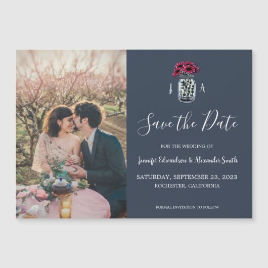Rustikales Mason jar Monogramm Foto Save the Date Magneteinladung (Vorderseite)