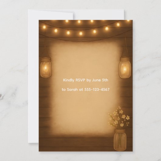 Rustikales Mason Jar & String Lights Probe Dinner Einladung (Rückseite)