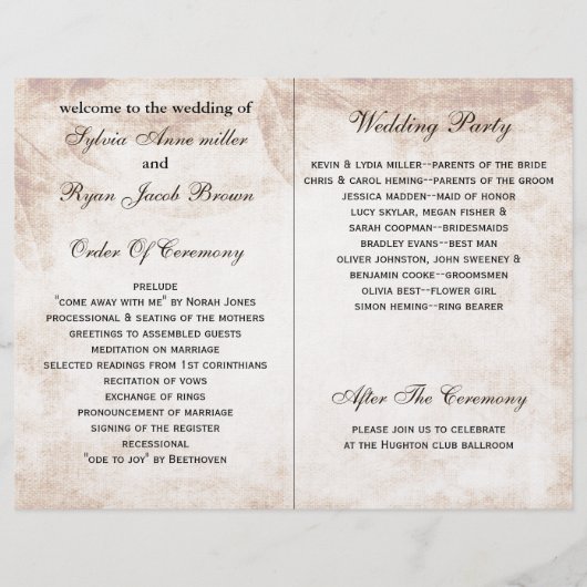 rustikales Mauerpflaster-Hochzeitsprogramm (Rückseite)