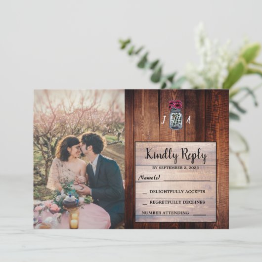 Rustikales Maurerschiff Foto Hochzeit RSVP Karte (Stehend Vorderseite)