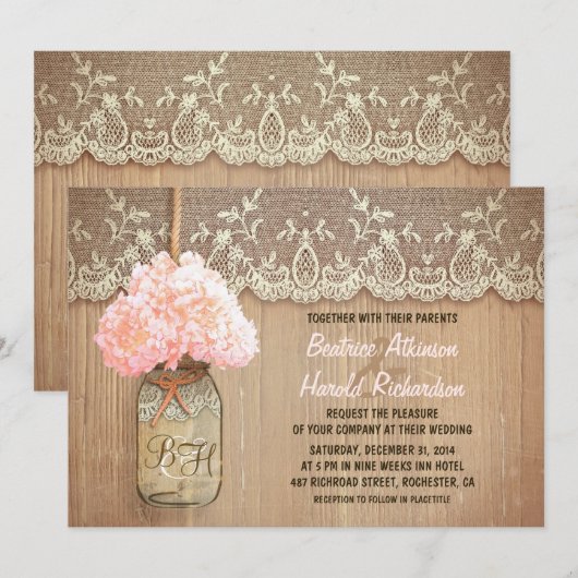 Rustikales Mauritius-Glas-Hydrangea-Hochzeit Einladung (Vorne/Hinten)