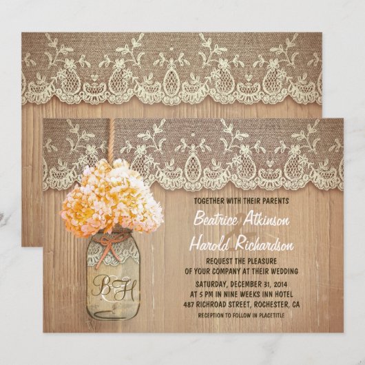 Rustikales Mauritius Jar Peach Hydrangea Hochzeit Einladung (Vorne/Hinten)