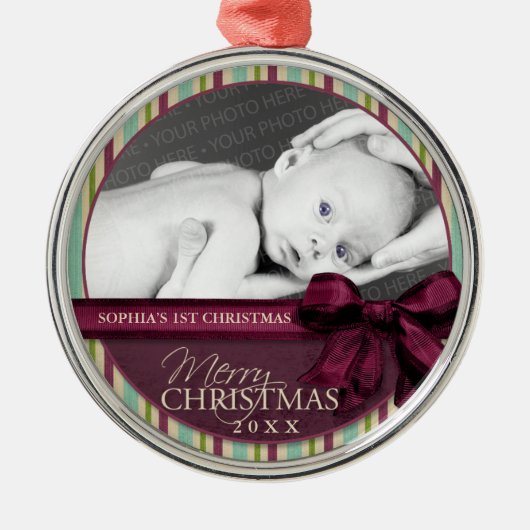 Rustikales mehrfarbiges Streifen-Foto Silbernes Ornament (Vorne)
