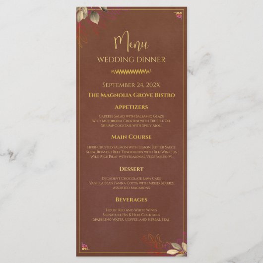 Rustikales Menü für Hochzeiten in Terracotta und G Menükarte (Vorderseite)