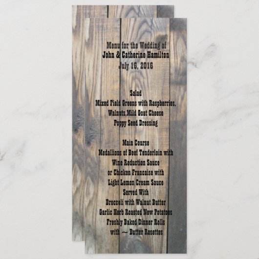 Rustikales Menü für Hochzeitsfeiern Menükarte (Vorne/Hinten)