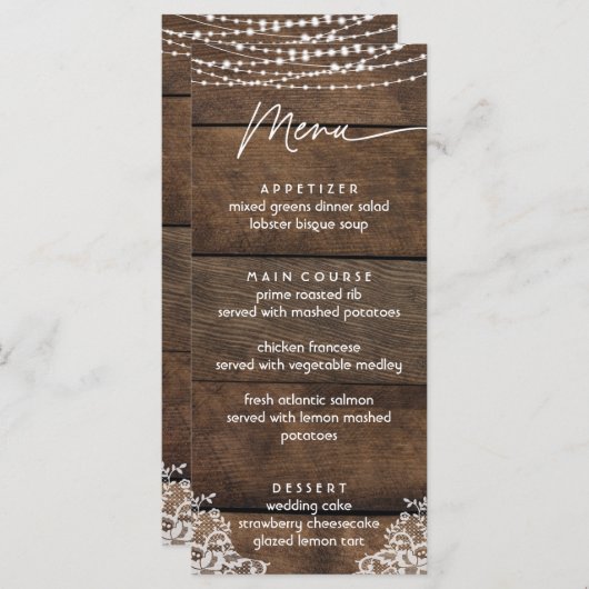 Rustikales Menü für Hochzeitsfeiern mit Holz und S Menükarte (Vorne/Hinten)