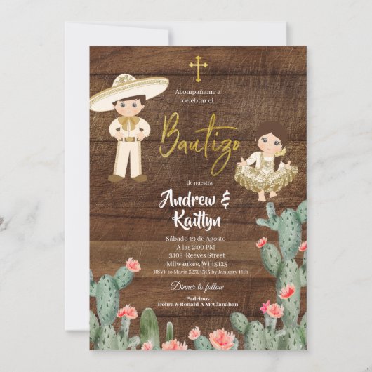 Rustikales mexikanisches Gold Charro Boy Girl Twin Einladung (Vorderseite)