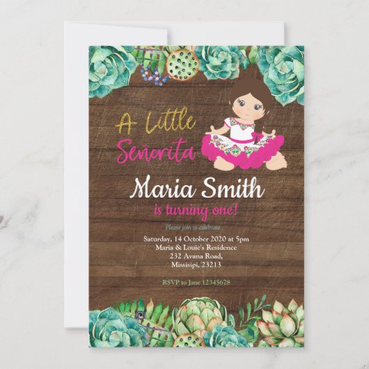 Rustikales mexikanisches Kaktus Fiesta 1. Geburtst Einladung (Vorderseite)