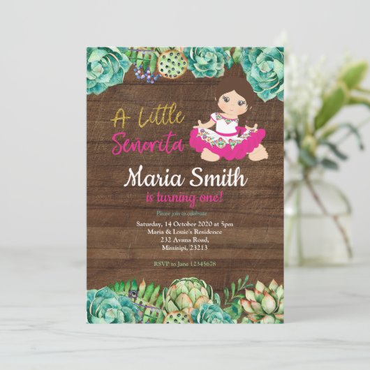 Rustikales mexikanisches Kaktus Fiesta 1. Geburtst Einladung (Stehend Vorderseite)