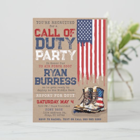 Rustikales Militär Stationierung Farewell Party Einladung (Stehend Vorderseite)
