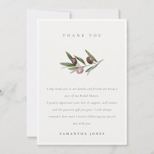 Rustikales Minimal Olive Branch Foliage Brautparty Dankeskarte (Vorderseite)