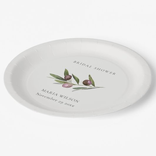 Rustikales Minimal Olive Branch Foliage Brautparty Pappteller (Schrägansicht)