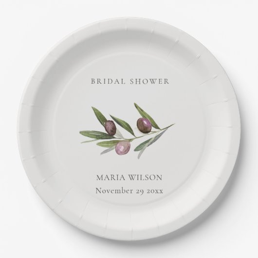 Rustikales Minimal Olive Branch Foliage Brautparty Pappteller (Vorderseite)