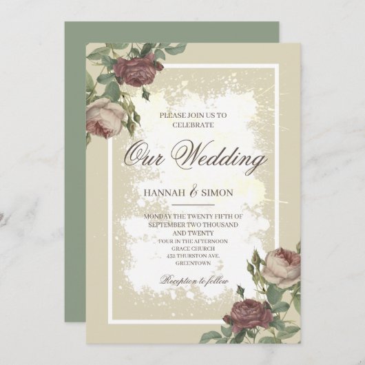 Rustikales Minimalistisches Burgund Gold Wedding I Einladung (Vorne/Hinten)