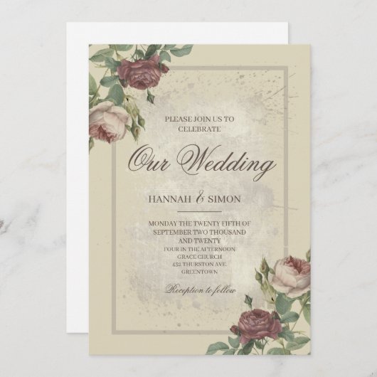 Rustikales Minimalistisches Burgund Gold Wedding I Einladung (Vorne/Hinten)