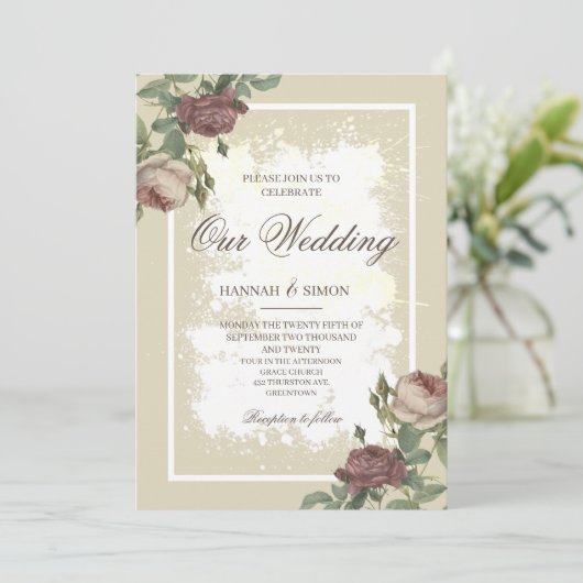 Rustikales Minimalistisches Burgund Gold Wedding I Einladung (Stehend Vorderseite)