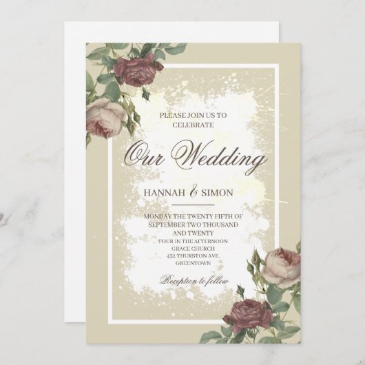 Rustikales Minimalistisches Burgund Gold Wedding I Einladung (Vorne/Hinten)