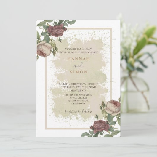 Rustikales Minimalistisches Burgund Gold Wedding I Einladung (Stehend Vorderseite)