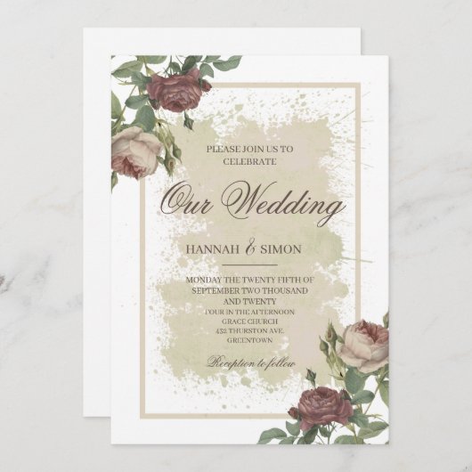 Rustikales Minimalistisches Burgund Gold Wedding I Einladung (Vorne/Hinten)