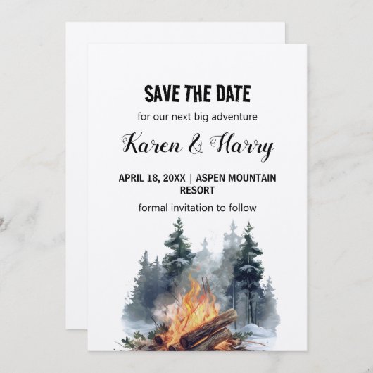 Rustikales Minimalistisches Kiefernbaumfeuer Save Einladung (Vorne/Hinten)
