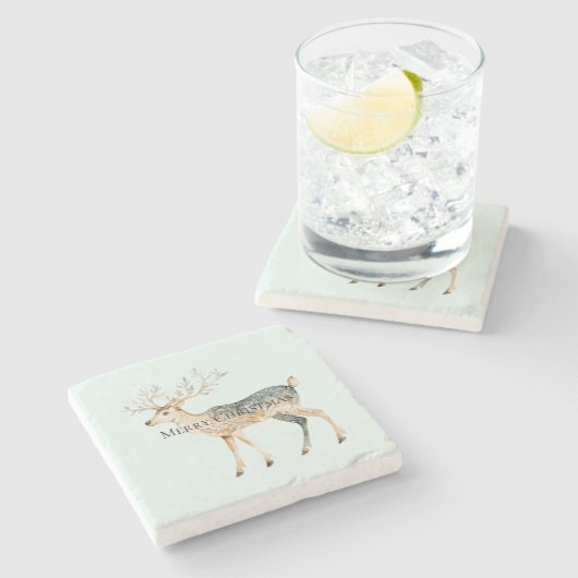 Rustikales Mint Green Gold Cream Christmas Hirsch Steinuntersetzer (Seitenansicht)