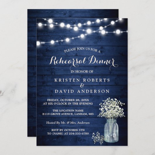 Rustikales Mitternacht Blue Lights Probe Dinner Einladung (Vorne/Hinten)
