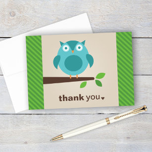 Rustikales, modernes blaues Owl auf dem Baumzweig Dankeskarte