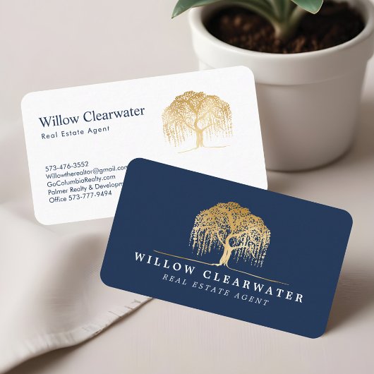Rustikales, modernes Navy & Gold Willow Tree Logo Visitenkarte