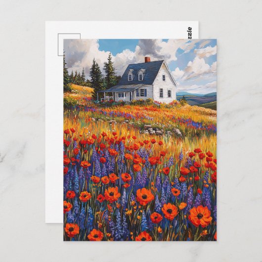 Rustikales Mohnfeld und Lupine-Blume Postkarte (Vorne/Hinten)