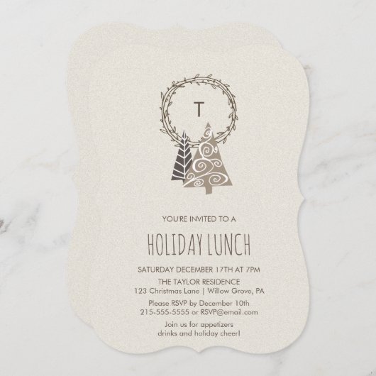 Rustikales Mongram Wreath Holiday Lunch Einladung (Vorne/Hinten)