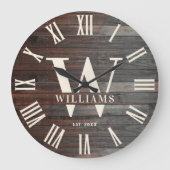 Rustikales Monogram Bauernhaus Eigener Familiennam Große Wanduhr (Vorderseite)
