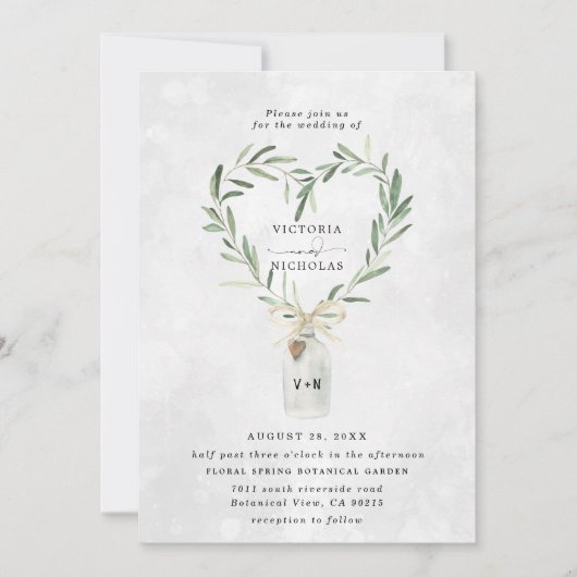 Rustikales Monogram Jar | Heart Greenerity Wedding Einladung (Vorderseite)