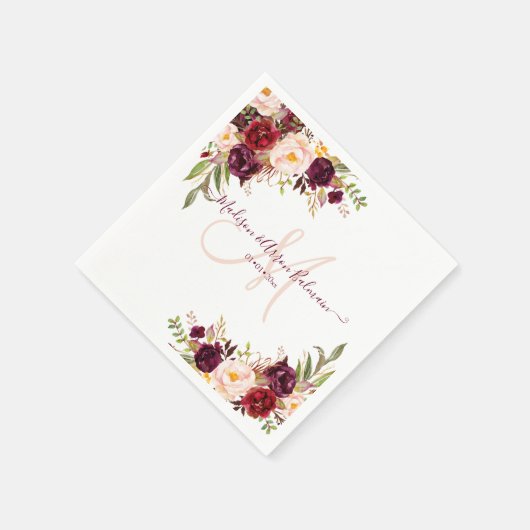 Rustikales Monogramm, Burgundy Blush Wasserfarbe P Serviette (Ecke)
