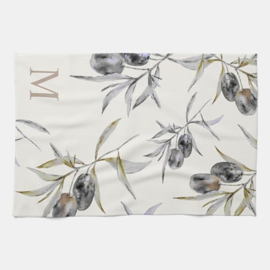 Rustikales Monogramm des toskanischen Olive Branch Geschirrtuch (Horizontal)