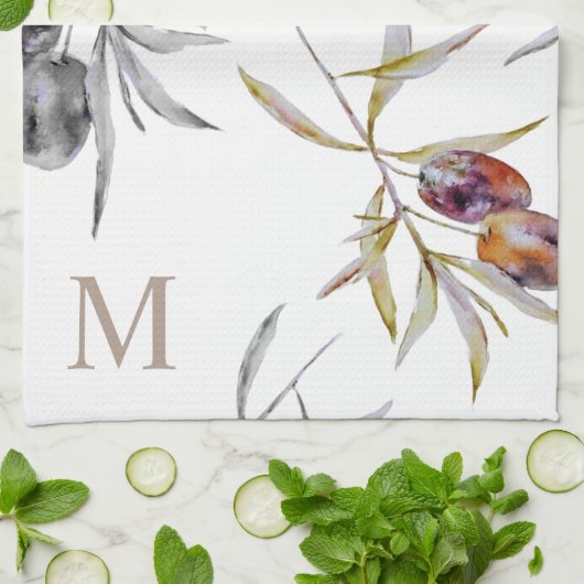 Rustikales Monogramm des toskanischen Olive Branch Geschirrtuch (Gefaltet)