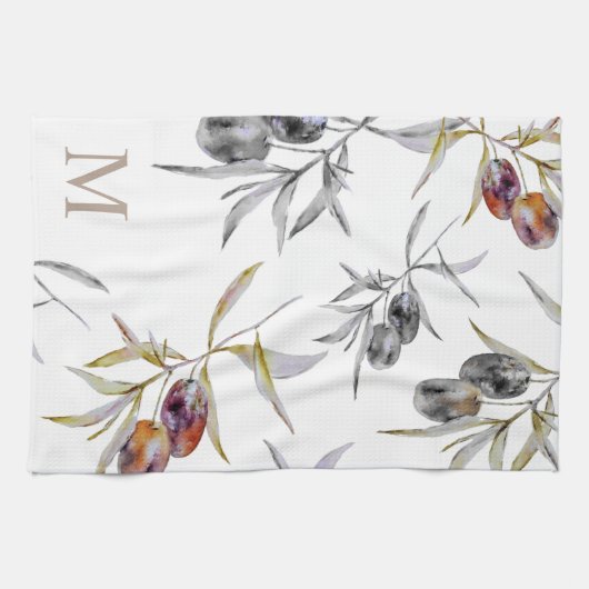 Rustikales Monogramm des toskanischen Olive Branch Geschirrtuch (Horizontal)