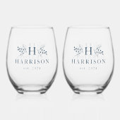 Rustikales Monogramm einfacher Anfangsname blau Weinglas Ohne Stiel (Rückseite)