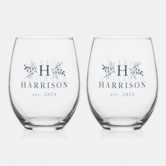 Rustikales Monogramm einfacher Anfangsname blau Weinglas Ohne Stiel (Rückseite)