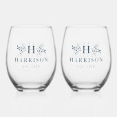 Rustikales Monogramm einfacher Anfangsname blau Weinglas Ohne Stiel (Vorderseite)